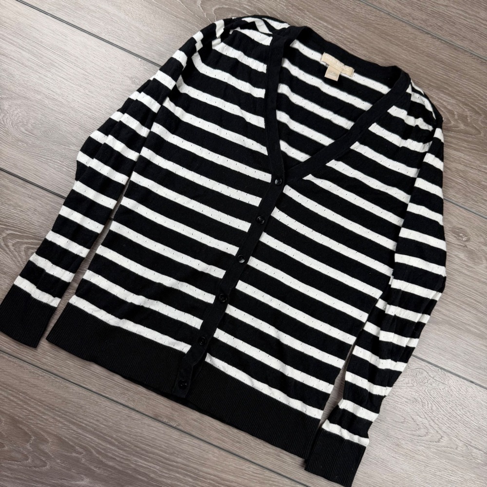 Banana Republic Womens Cardigan Striped Button Up Pointelle Black White S
